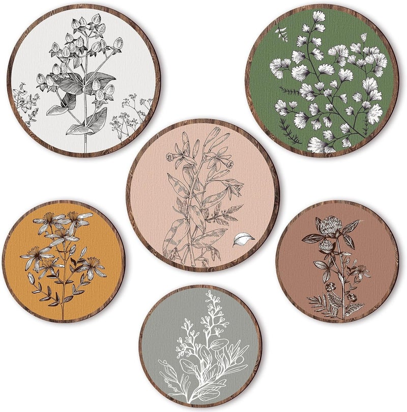 Barydat 6 Pieces Boho Plant Wall Art Decor Wooden Boho Farmhouse Rustic Bohemian Wall Hanging for Bedroom Living Room Office (Retro,8 Inch, 10 Inch) - Image 1